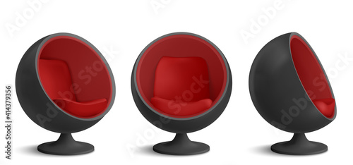 Black and red ball chair, designers furniture for modern stylish house or office interior in front and angle views. Vector realistic mockup of empty egg armchair isolated on white background