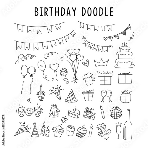 set of element doodle decoration birthday. vector set of elements for birthday and party doodles. set of birthday party collection using doodle art or hand drawing style