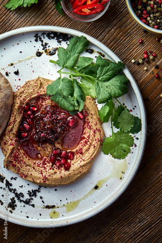Wallpaper Mural Appetizing French dish - chicken pate with onion jam and pita bread served in a white plate on a wooden background. Close up view Torontodigital.ca