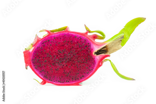 Half sliced dragon fruit on white background, red pitaya isolated
