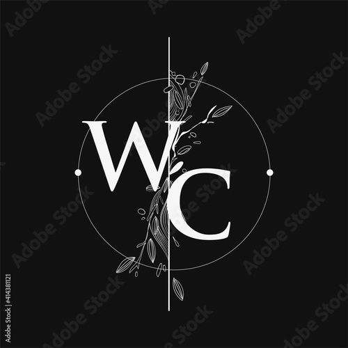 Letter WC Initial Logo with Hand Draw Floral, Initial Wedding Font Logo with Circle and Flowers.
