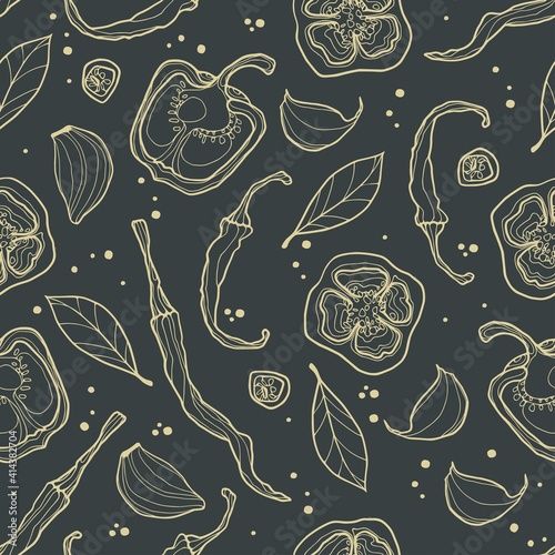Dark geometric seamless pattern of hot and sweet peppers with cloves of garlic and bay leaf. Hand-drawn graphics.