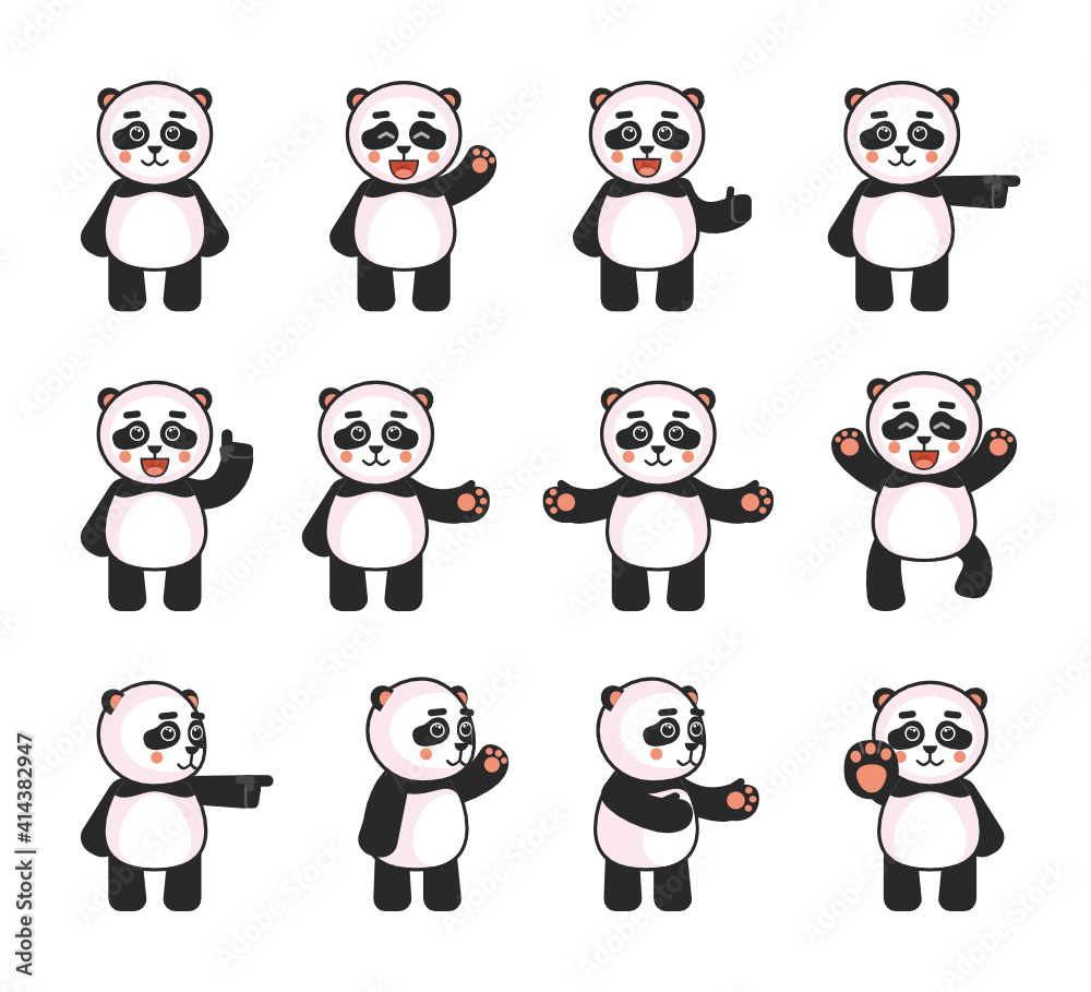 Set of cute panda characters showing various hand gestures. Kawaii ...