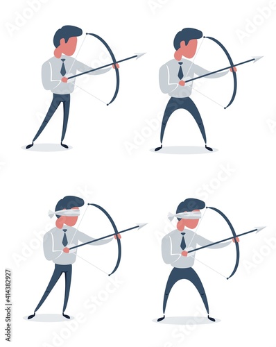 Full length portrait of a young businessman aiming with a bow and arrow isolated on white background. Set. Vector flat design illustration.