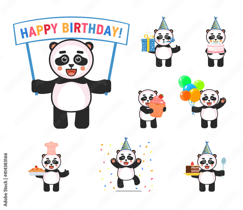 Panda mascots in birthday party set. Cute panda holding birthday banner, cake, balloons, celebrating and showing other actions. Vector illustration bundle
