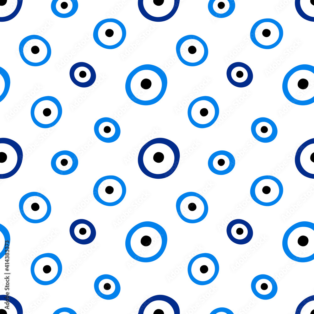Blue evil eyes signs, symbols, icons. Nazar amulets vector seamless pattern background.