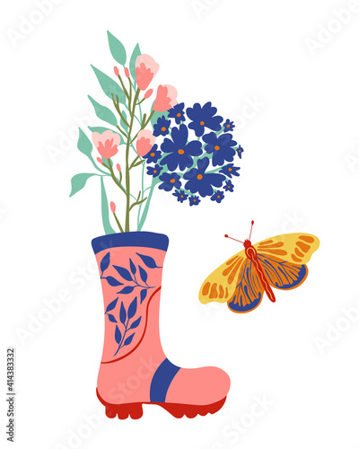 Pink rubber boots with floral bouquet and butterfly. Spring flowers in wellies. Seasonal card composition
