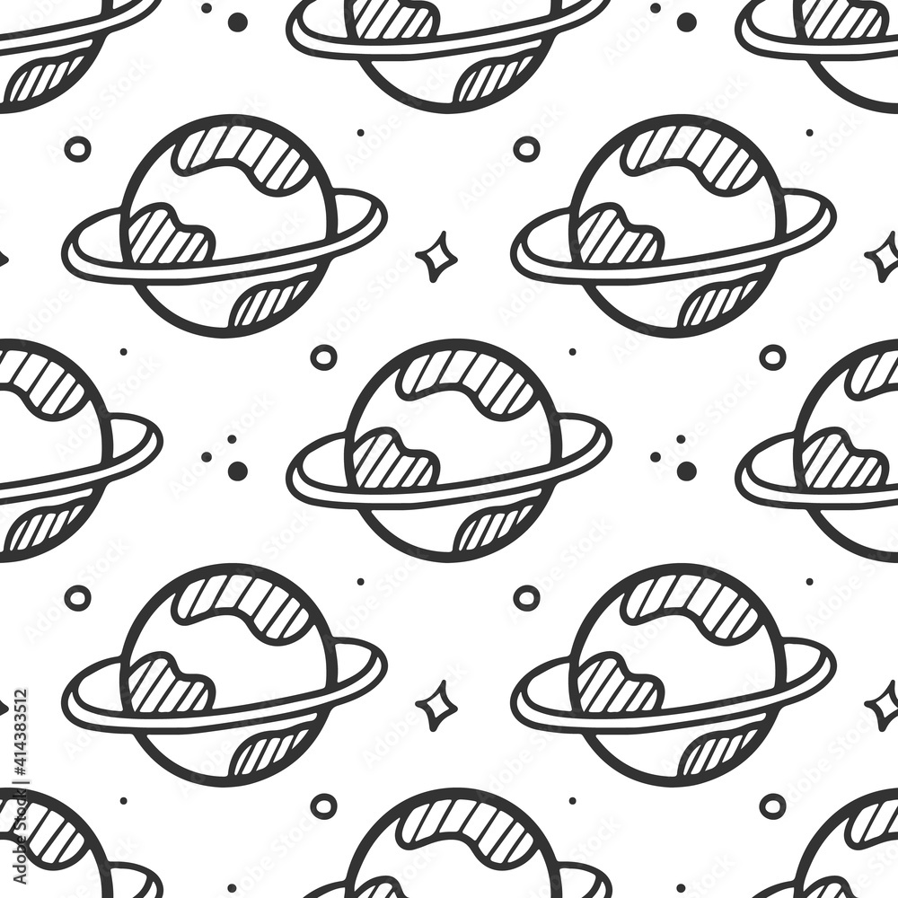 Doodle cosmos and planets vector seamless pattern background.
