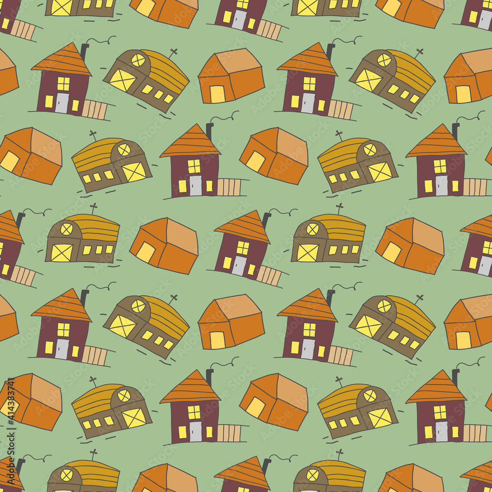 pattern seamless kids with worship place doodle element. Vector cute seamless pattern with doodle traditional houses. 