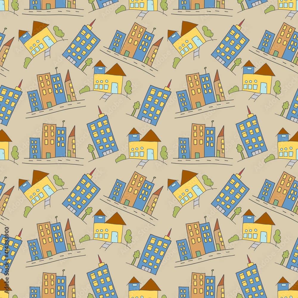 pattern seamless kids with building doodle element. pattern seamless kids with building and garden doodle element