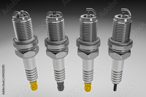 Spare parts spark plugs on white background for car and motorcycle. New auto parts spark plug. 3D rendering