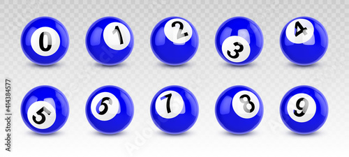 Blue billiard balls with numbers from zero to nine. Vector realistic set of shiny balls for pool game or lottery. Glossy spheres with reflection and shadows for leisure playing and sport competitions