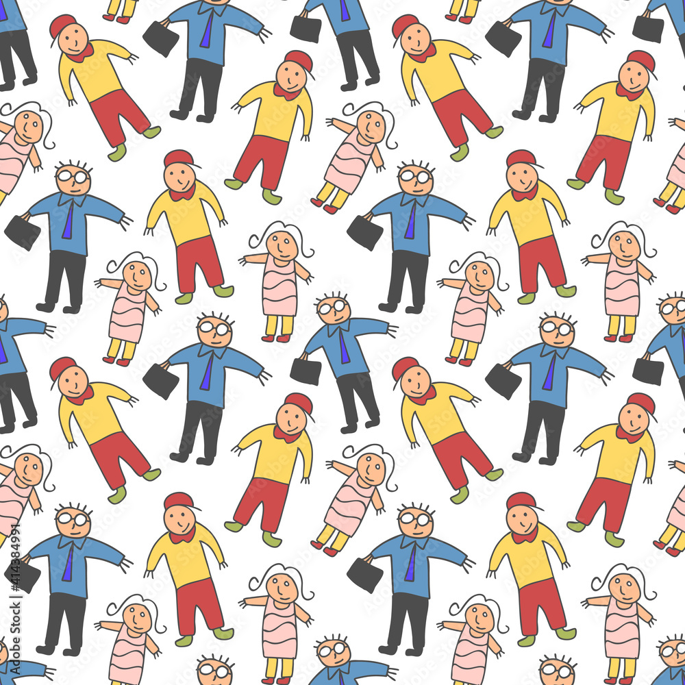 Naklejka premium pattern seamless kids with adults doodle element. Medical people seamless pattern. Healthcare print. . Biology and first aid teacher. Cartoon doodle characters of doctors and medical equipment