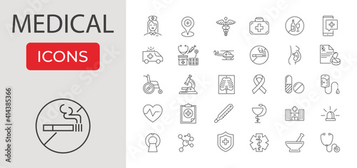 Medical Related Vector Line Icons Set. Contains such Icons as MRI, Prescription, Surgery, Wheelchair, Special Diet, Hospital Locator, No Smoking Sign, Hospital, Stethoscope and more. Editable Stroke.