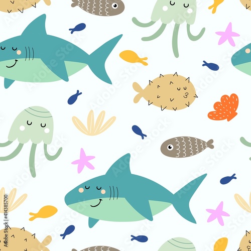 undersea seamless pattern with cartoon sharks  fish  octopus  shells  starfish. Colorful vector flat for kids. hand drawing. baby design for fabric  print  wrapper  textile