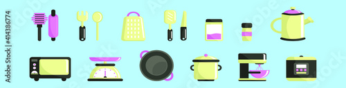 set of cooking tools cartoon icon design template with various models. vector illustration isolated on blue background