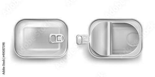 Aluminium tin can for sardine in top view. Vector realistic mockup of rectangle metal containers for fish and tuna. Empty conserve box with open and closed lid isolated on white background