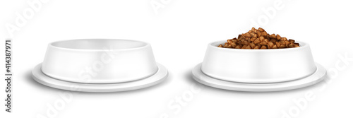 White pet bowls, empty and full of food plate for dog or cat. Vector realistic mockup of blank plastic dish with pile of dry feed for domestic animals isolated on white background