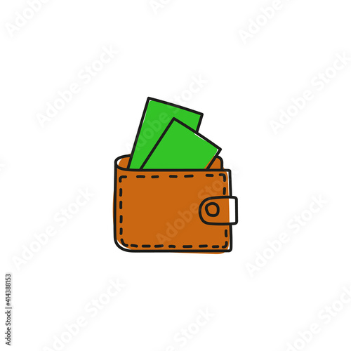 Purse vector icon in cartoon style. Hand drawn brown wallet with cash on white background.