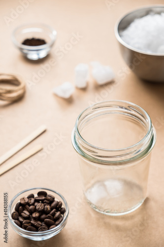 DIY concept. Wax  wooden wick  coffee - an ingredient for making handmade candles.