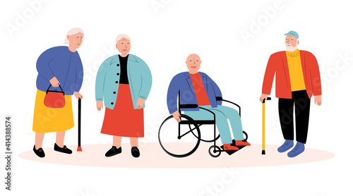 Set of illustrations with disabled elderly people. Vector flat illustration on a white background