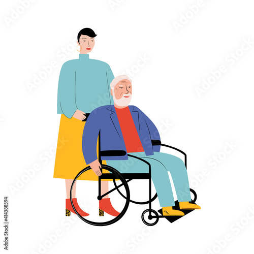 Social worker walking with an elderly man in a wheelchair. A person with disabilities. Vector flat illustration on a white background