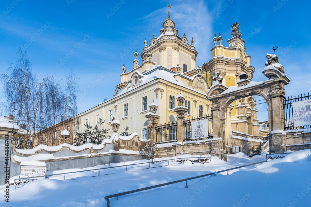 LVIV, UKRAINE - FEBRUARY 12, 2021:  St. George's Cathedral, one of the most important churches in Ukraine. Exterior.