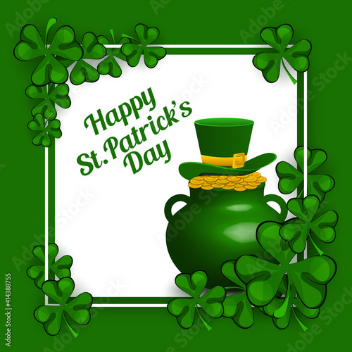 Saint Patrick's Day, Vector illustration brochure, holiday invitation, corporate celebration. shamrock, pot with gold coins, horseshoe, green ale on black background. Vector illustration.