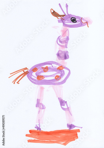 sketch of a children's toy giraffe in pink and purple shades drawn with colored markers