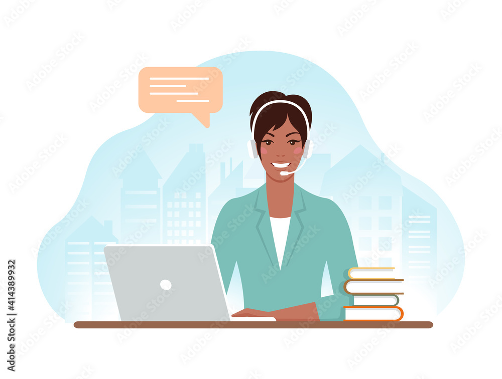 Black beautiful woman with headphones and microphone with laptop. Customer support department staff, telemarketing agents. Online helpdesk, call center. Vector illustration in flat style. Black beautiful woman with headphones and microphone with laptop. Customer support department staff, telemarketing agents. Online helpdesk, call center. Vector illustration in flat style.