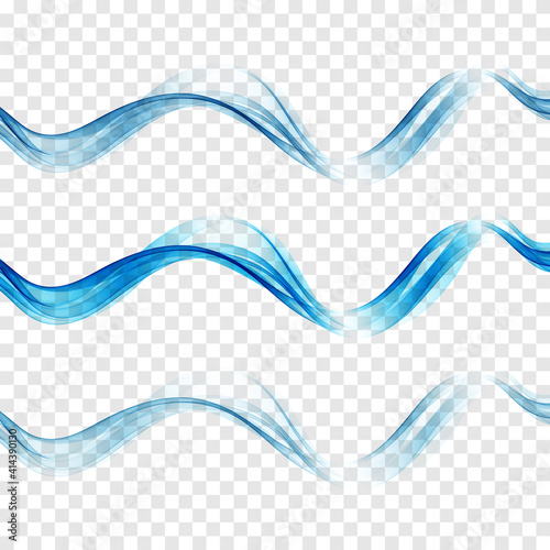 Set abstract color wave transparent blue vector curve flow motion smoke design lines