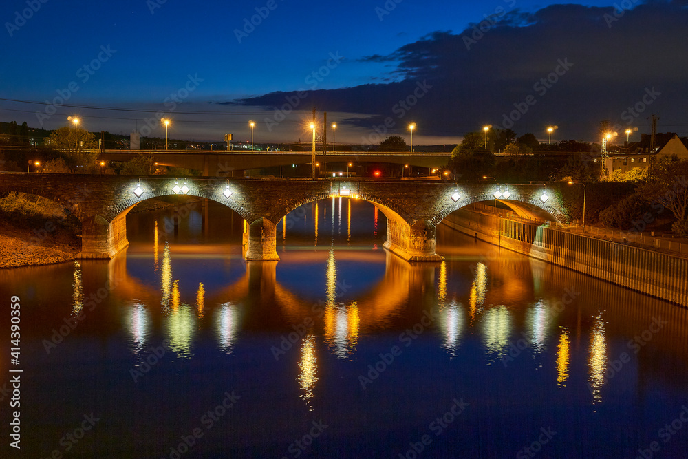 Balduin Brücke bridge at night in Koblenz, Germany