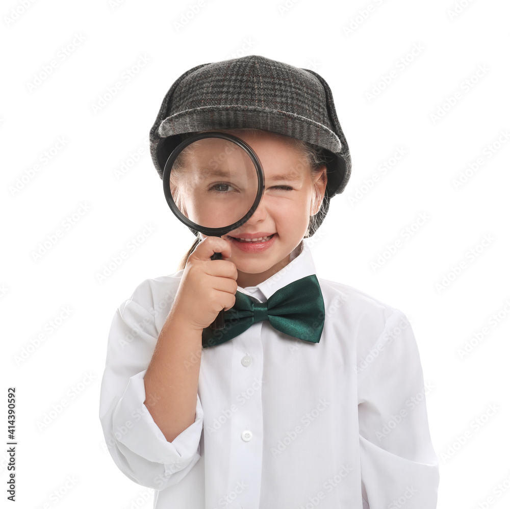 Cute little detective with magnifying glass on white background Cute little detective with magnifying glass on white background