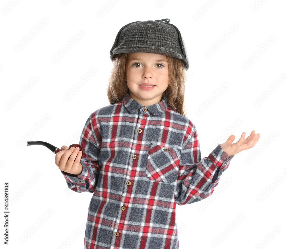 Cute little child in hat with smoking pipe playing detective on white background Cute little child in hat with smoking pipe playing detective on white background
