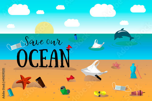 save our ocean. inscription on garbage beach by sea. plastic bag, plastic, bottles, glasses, light bulbs