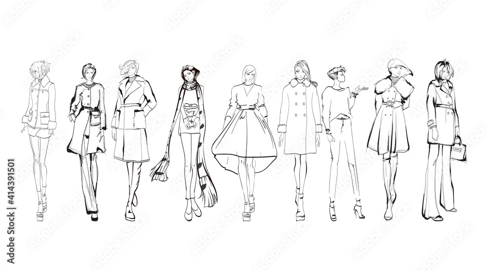 Beautiful young women in modern style.. Hand drawn stylish woman portrait. Fashion lady. Autumn outfit. Sketch set. Fashion model posing in coat. Hand drawn fashion woman. Beautiful young women in modern style.. Hand drawn stylish woman portrait. Fashion lady. Autumn outfit. Sketch set. Fashion model posing in coat. Hand drawn fashion woman.