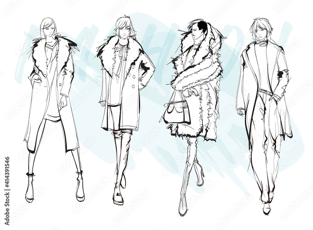 Beautiful young women in modern style.. Hand drawn stylish woman portrait. Fashion lady. Autumn outfit. Sketch set. Fashion model posing in coat. Hand drawn fashion woman. Beautiful young women in modern style.. Hand drawn stylish woman portrait. Fashion lady. Autumn outfit. Sketch set. Fashion model posing in coat. Hand drawn fashion woman.