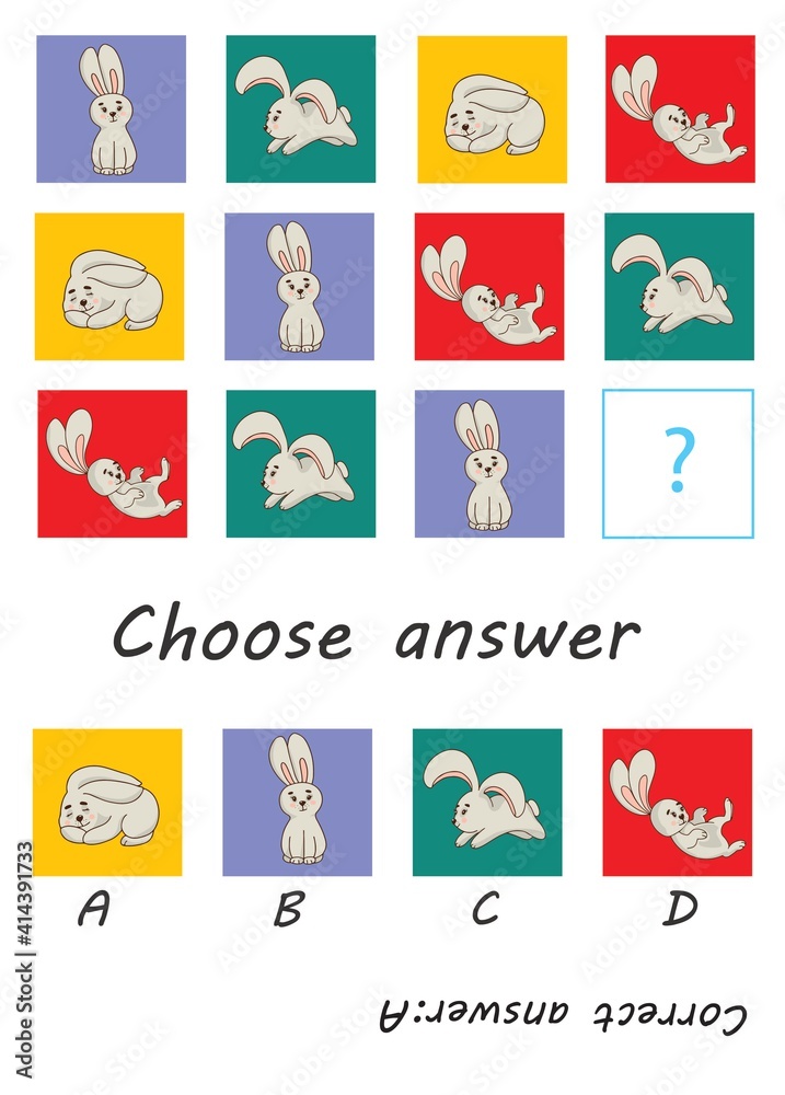 Logic game for kids, activity to children, task for the development of logical thinking and mind, cute cartoon rabbits. Education game for preschool kids.