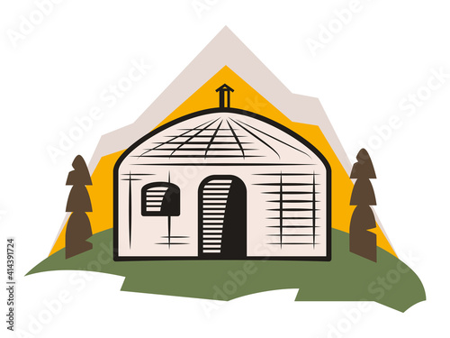 portable house Mongolian yurt with mountains in the background