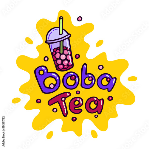 Bubble Tea Boba Tea Logo Vector Illustration. Doodle Cartoon style mascot logo. Splash background