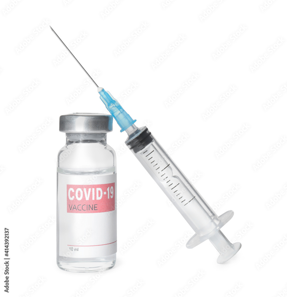 Vial with vaccine against coronavirus and syringe on white background Vial with vaccine against coronavirus and syringe on white background