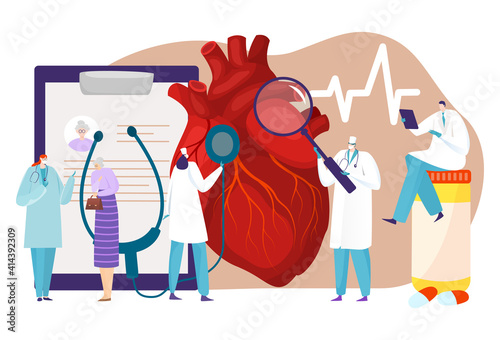 Human circulatory system, patient heart disease, medical research, cardiology department, tiny cartoon style vector illustration. Doctor cardiologist, men women in cardiology department, medical staff