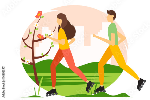 Man and woman rollerblading in the park. Spring vector illustration in flat style.