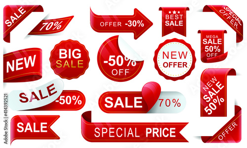 Discount red ribbons. Collection of labels, tens, templates of trade labels. Sale tag 30%, 50%, 70%. Discount labels. Vector illustration