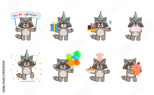 Set of cute raccoon characters showing various birthday party actions. Cheerful raccoon holding gift box, cake, balloons, banner, cupcake and other situations. Vector illustration bundle