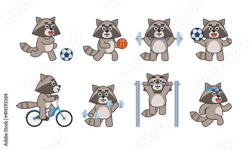 Set of raccoon characters doing various sports. Cute raccoon mascot playing football, basketball, riding bike, running and showing other actions. Vector illustration bundle