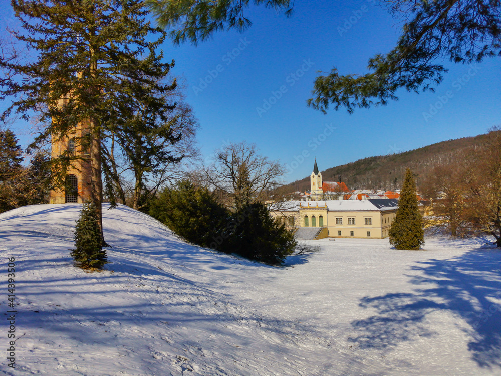 Empire Chateau with Museum of painter Josef Manes. Park and Castle Cechy pod Kosirem, Moravia, Czech during winter, covered with snow. Empire Chateau with Museum of painter Josef Manes. Park and Castle Cechy pod Kosirem, Moravia, Czech during winter, covered with snow.