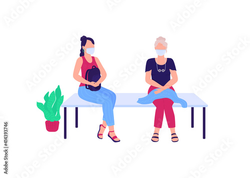 Patients in medical masks sitting on bench flat color vector faceless characters. Waiting for hospital appointment isolated cartoon illustration for web graphic design and animation