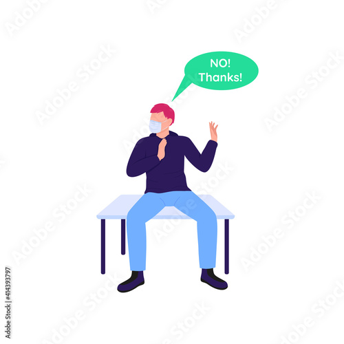Anti vax man flat color vector faceless character. Patient in face mask. Guy reject drug treatment. No vaccination isolated cartoon illustration for web graphic design and animation