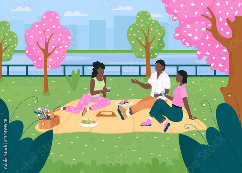 African american friend group on picnic flat color vector illustration. People chat while sitting on blanket. Spring outdoor recreation. Women and man 2D cartoon characters with skyline on background